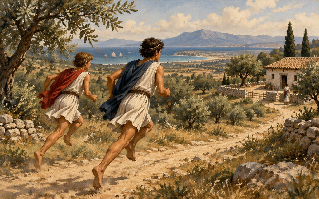 Damon and Myron running through olive groves near Marathon with a warning, 490 BC.