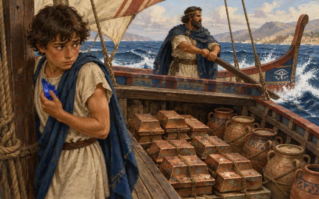 Abdi hiding a piece of blue glass aboard a Bronze Age trading ship as the sea rises.
