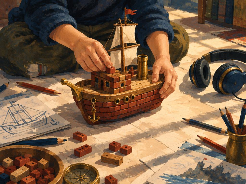 A child's hands building a model ship from bricks and wood, with pencils and headphones nearby.