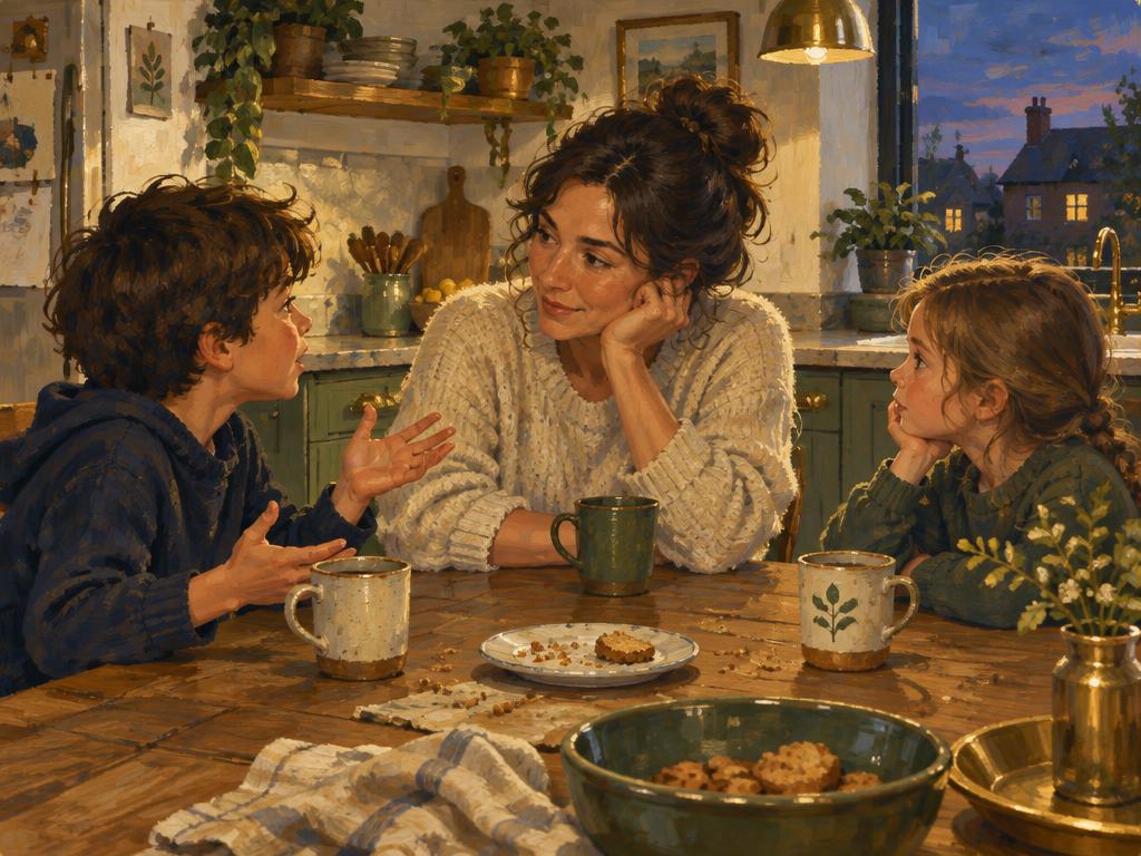 A parent and two children talking around a kitchen table in the evening.