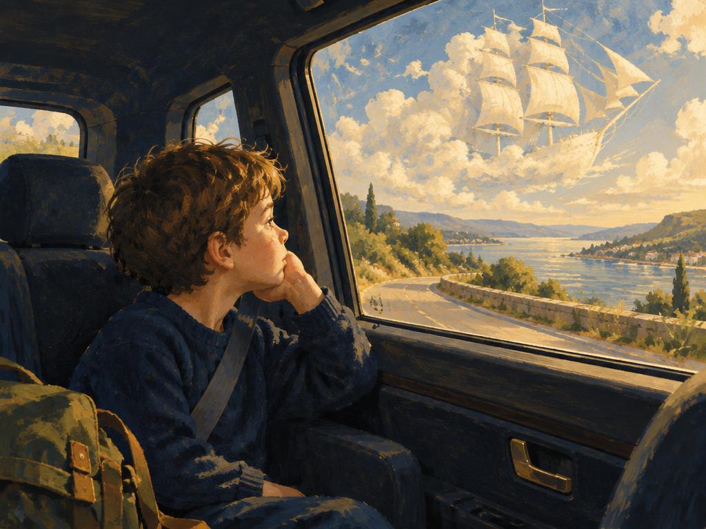 A boy in the back seat of a car, imagining a sailing ship in the clouds outside the window.