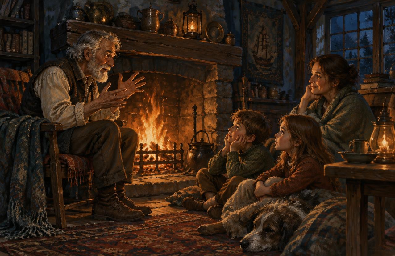 A storyteller by a fireside telling a story to two children and their mother.